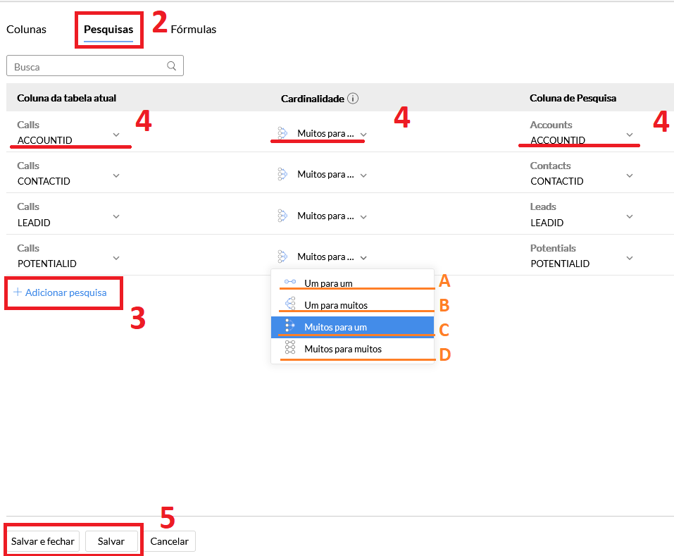Aba de pesquisa e configuração de lookup