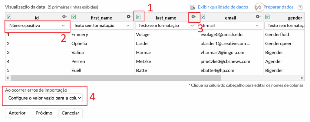 Configuração de tabelas
