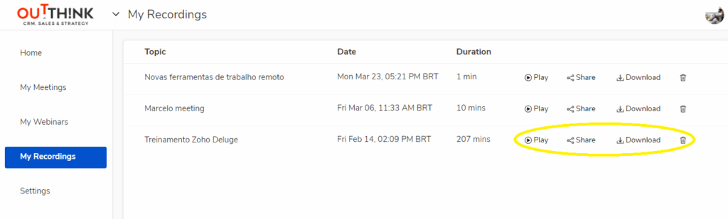 Módulo My Recordings no Zoho Meeting