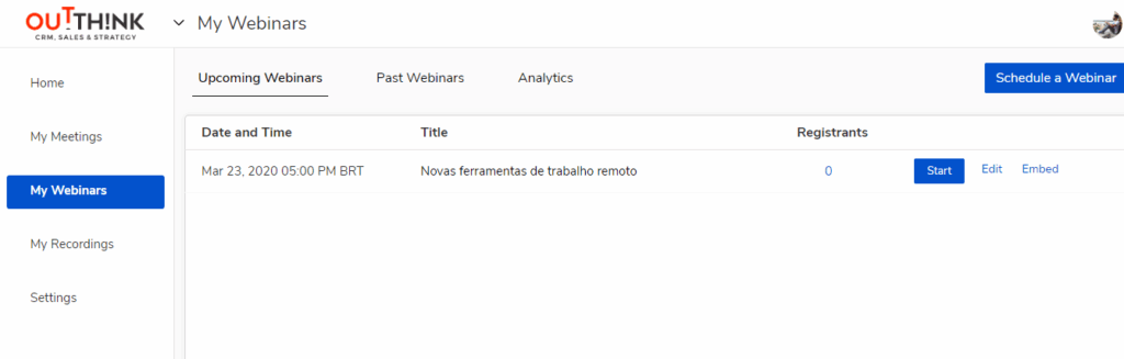 Módulo My Webinars no Zoho Meeting